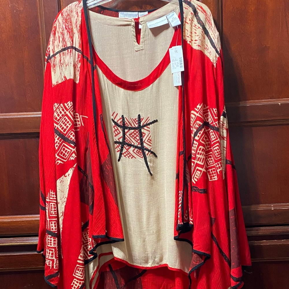Anna Maxwell vintage Red and Beige 2 piece Duster and shell set plus size 5X